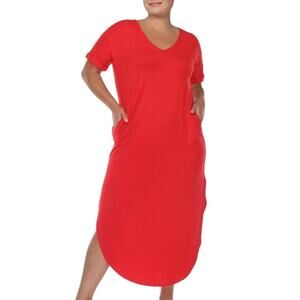 White Mark Plus Size Short Sleeve V-Neck Midi Dress in Red